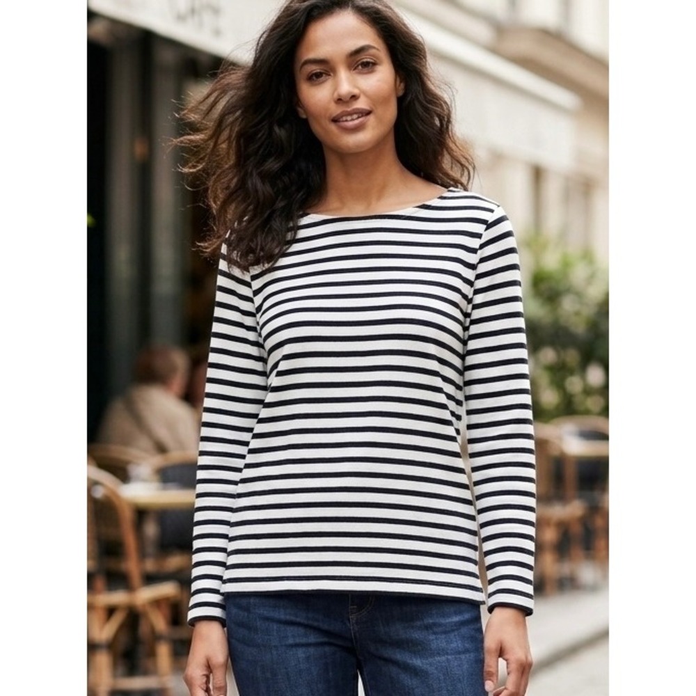 J.Crew Womens XL Navy Blue White Striped Long Sleeve Boat Neck Slub Cotton Tee